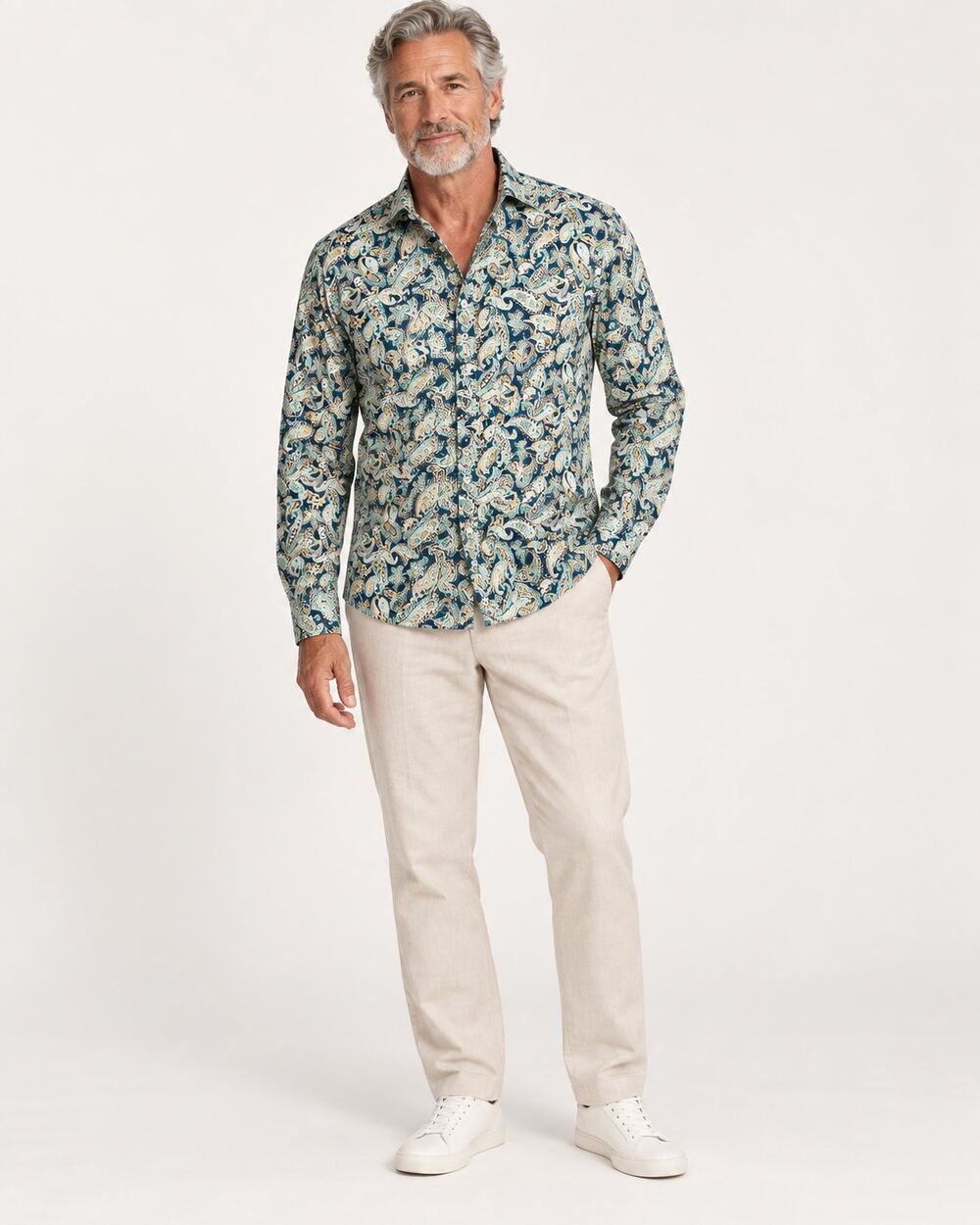 Copied - Vintage 1970s Custom Teal Paisley Cotton Dagger Collar Shirt Men’s L